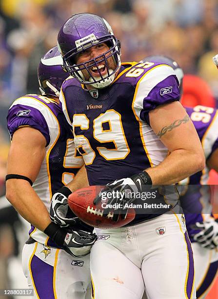 Jared Allen of the Minnesota Vikings celebrates a fumble recovery against the Arizona Cardinals at the Hubert H. Humphrey Metrodome on October 9,...