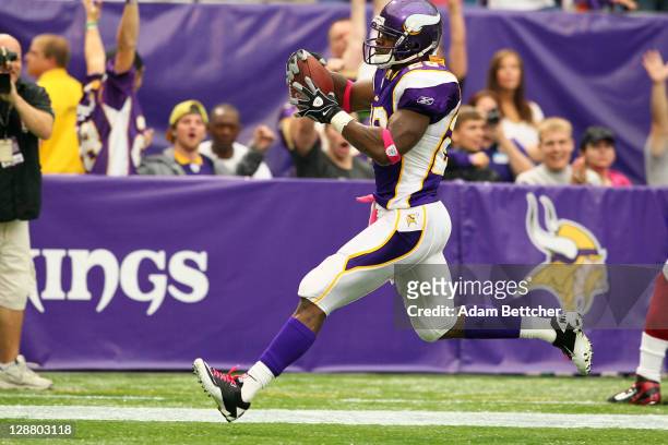 Adrian Peterson of the Minnesota Vikings scores a touchdown against the Arizona Cardinals at the Hubert H. Humphrey Metrodome on October 9, 2011 in...