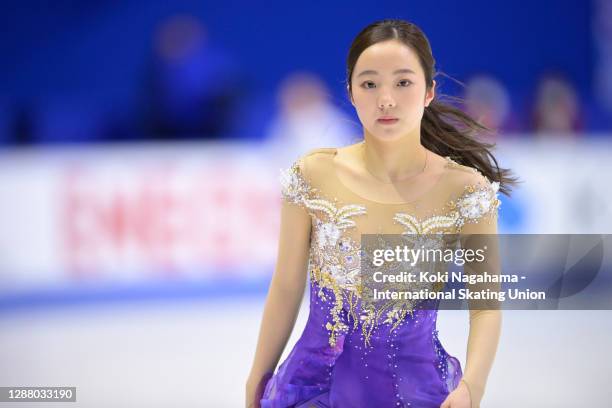 Marin Honda of Japan looks on during the training session prior to the Ladies Short Program on day 1 of the ISU Grand Prix of Figure Skating NHK...