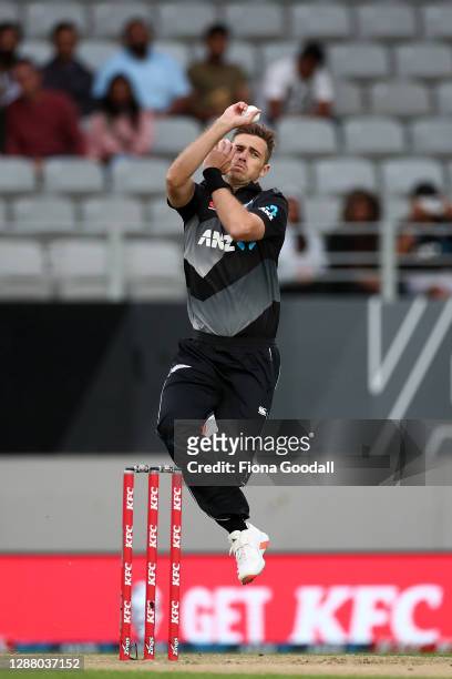Tim Southee, captain of New Zealand bowls during game one of the International T20 series between New Zealand and the West Indies at Eden Park on...