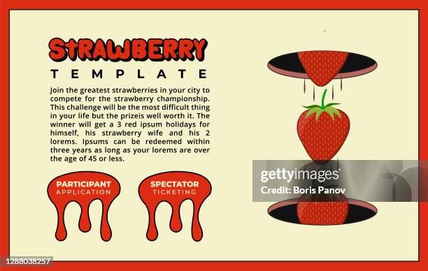 strawberry fruit poster or flyer template with dropping berries for promo sale banner or social media event announcement - strawberry shortcake stock illustrations