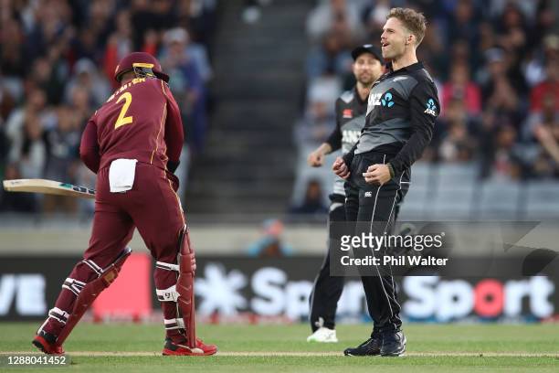 Lockie Ferguson of New Zealand celebrates his wicket of Shimron Hetmyer of the West Indies during game one of the International T20 series between...