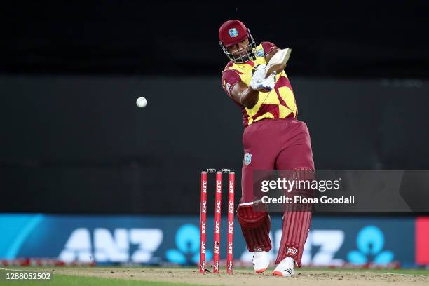 Kieron Pollard, captain of the West Indies makes a shot during game one of the International T20 series between New Zealand and the West Indies at...