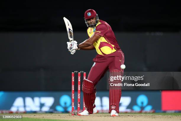 Kieron Pollard, captain of the West Indies makes a shot during game one of the International T20 series between New Zealand and the West Indies at...