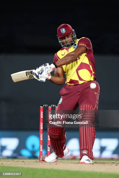 Kieron Pollard, captain of the West Indies makes a shot during game one of the International T20 series between New Zealand and the West Indies at...