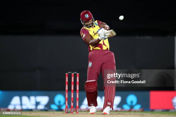 Kieron Pollard, captain of the West Indies makes a shot during game one of the International T20 series between New Zealand and the West Indies at...