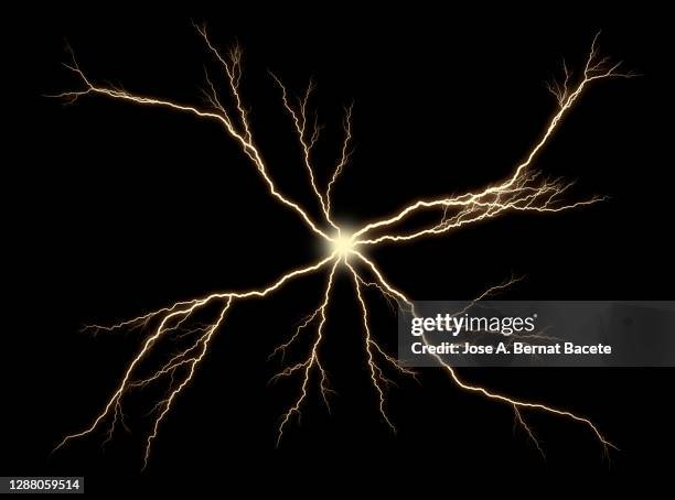 energy, lightning bolts and electrical lightning on a black background. - electrical shock stockfoto's en -beelden