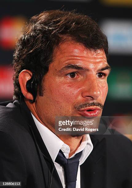 Marc Lievremont, the France coach, faces the media after his teams victory during quarter final two of the 2011 IRB Rugby World Cup between England...