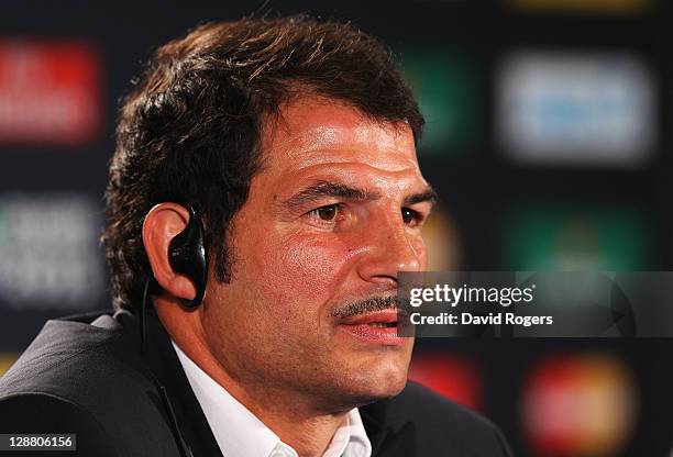 Marc Lievremont, the France coach, faces the media after his teams victory during quarter final two of the 2011 IRB Rugby World Cup between England...