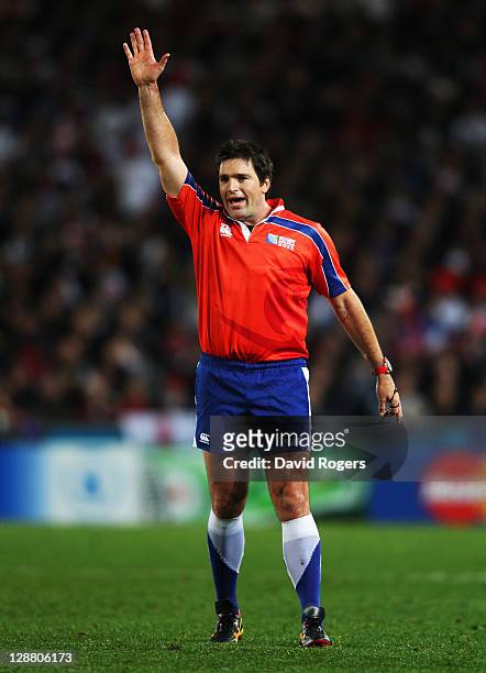 Referee Steve Walsh gives a decision during quarter final two of the 2011 IRB Rugby World Cup between England and France at Eden Park on October 8,...