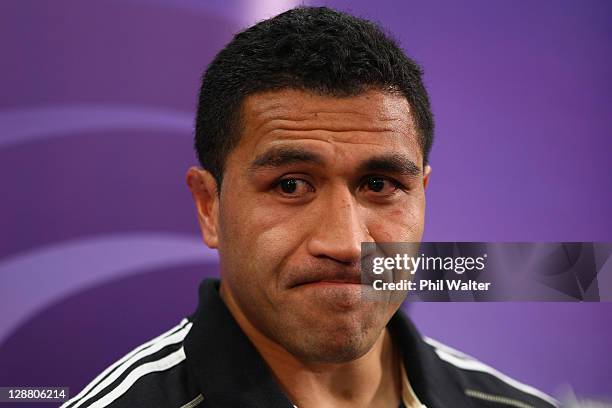An emotional Mils Muliaina of the All Blacks speaks to media after being ruled out of the Rugby World Cup due to injury during a New Zealand All...
