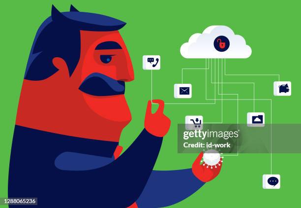 evil businessman checking data with unsafe cloud computing - character select stock illustrations