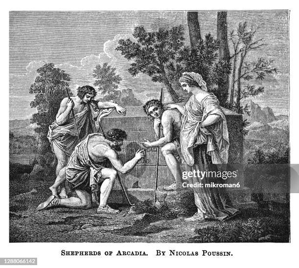 engraving illustration of the et in arcadia ego (les bergers d'arcadie or the arcadian shepherds) by nicolas poussin - arcadia greece stock pictures, royalty-free photos & images