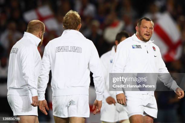 Steve Thompson of England looks on during quarter final two of the 2011 IRB Rugby World Cup between England and France at Eden Park on October 8,...