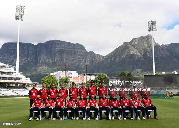 The England team pose for a team photograph. Back Row Lewis Gregory, Sam Billings, Dawid Malan, Tom Curran, Tom Banton, Olly Stone, Reece Topley, Tom...