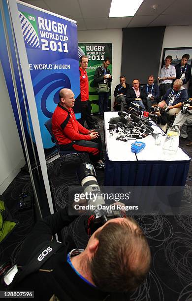 Neil Jenkins, the Wales skills coach, speaks to the media during a Wales IRB Rugby World Cup 2011 media session at Sky City on October 10, 2011 in...