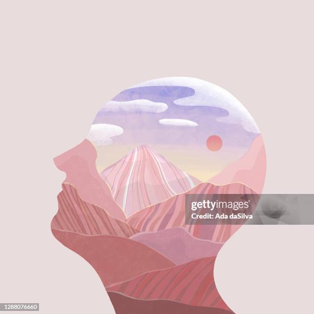 ilustraciones, imágenes clip art, dibujos animados e iconos de stock de concepto abstracto de humano con montaña de color rosa - confianza en sí mismo