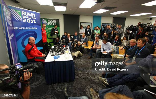 Neil Jenkins, the Wales skills coach, speaks to the media during a Wales IRB Rugby World Cup 2011 media session at Sky City on October 10, 2011 in...