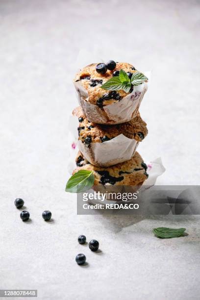 Homemade blueberry muffins in paper cupcake holder in stack decorated by fresh berries and mint leaves on light grey background.