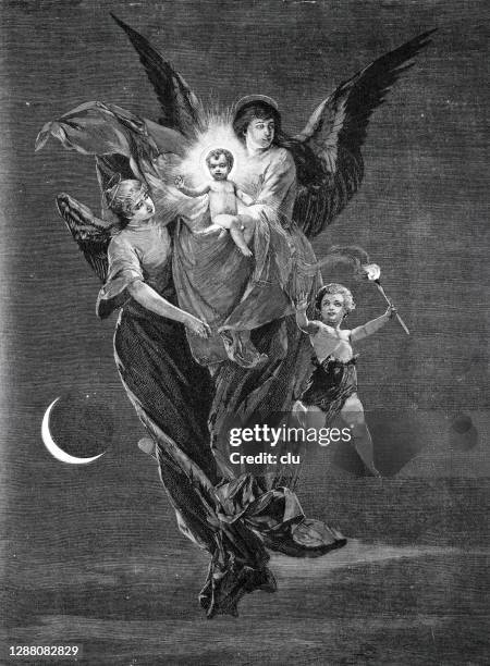 from the sky high, there i come from, jesus flying with angels - god heaven stock illustrations