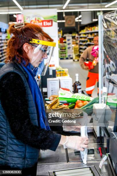 Supermarket in Eure. France during the 2020 coronavirus epidemic.