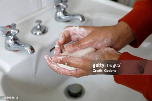 Boy washing his hands. Eure. France.