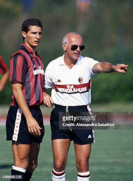 Daniele Massaro and Arrigo Sacchi head coach of AC Milan during the Serie A 1988-89, Italy.