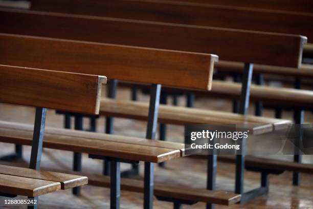 Saint Louis de Novel church. Empty church pews. Annecy. France.