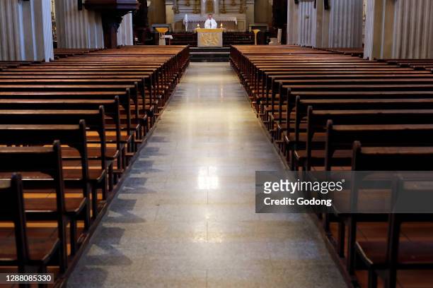 Coronavirus epidemic . Containment measures. Celebration of Ascension Mass in an empty church. Sallanches. France.