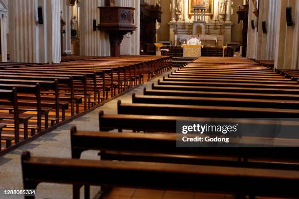 Coronavirus epidemic . Containment measures. Celebration of Ascension Mass in an empty church. Sallanches. France.