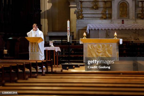 Coronavirus epidemic . Containment measures. Celebration of Ascension Mass in an empty church. Sallanches. France.