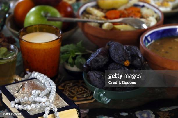 Traditional meal for iftar in time of Ramadan after the fast has been broken. France.