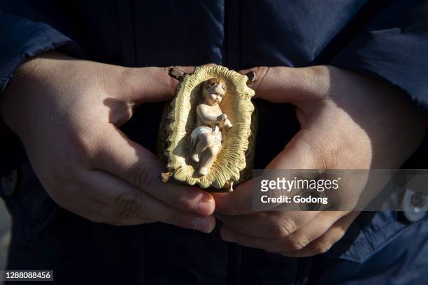Baby Jesus taken from Nativity Scenes to be blessed by Pope Francis in St Peter's square, Vatican .