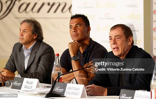 Rabah Madjer, Ruud Gullit and Antonio Caliendo during the Golden Foot Awards press conference on October 10, 2011 in Monaco, Monaco.