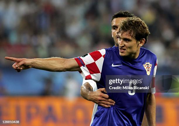 Nikica Jelavic of Croatia gestures during the UEFA Euro 2012 Qualifying round group F match between Greece and Croatia at the Georgios Karaiskakis...