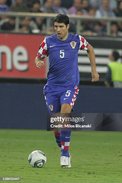 Vedran Corluka of Croatia in action during the UEFA Euro 2012 Qualifying round group F match between Greece and Croatia at the Georgios Karaiskakis...