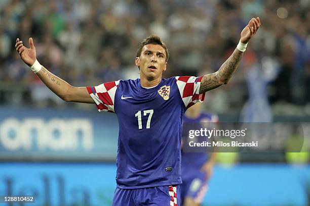 Mario Mandzukic of Croatia during the UEFA Euro 2012 Qualifying round group F match between Greece and Croatia at the Georgios Karaiskakis Stadium on...