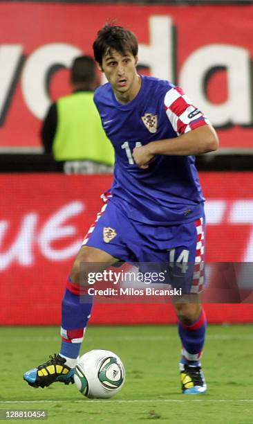 Nikola Kalinic of Croatia runs with the ball during the UEFA Euro 2012 Qualifying round group F match between Greece and Croatia at the Georgios...