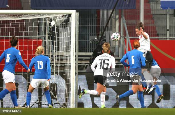 Marina Hegering of Germany scores her sides first goal during the UEFA Women's EURO 2022 qualifier match between Germany Women and Greece Women at...