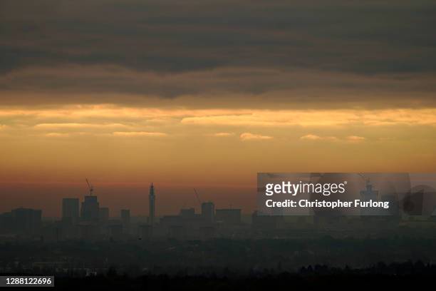 View of the Birmingham City skyline from neighbouring Walsall during England's second lockdown on November 27, 2020 in Walsall, United Kingdom....