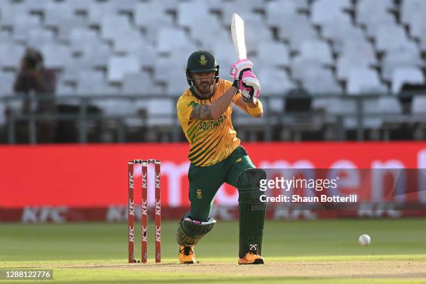 Faf du Plessis of South Africa hits out during the 1st Twenty20 International between South Africa and England at Newlands Stadium on November 27,...