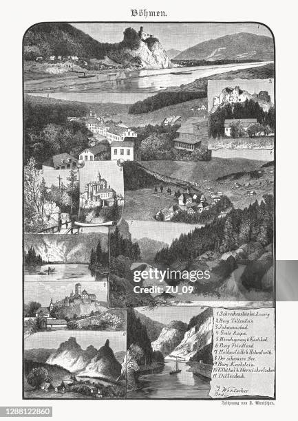 bohemian impressions from the past, wood engraving, published in 1893 - karkonosze mountain range stock illustrations