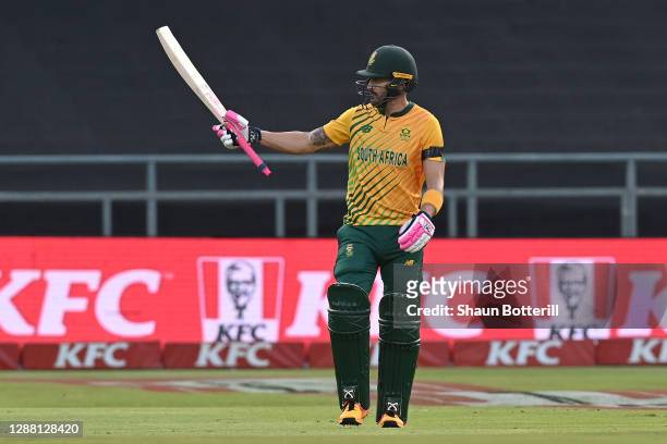 Faf du Plessis of South Africa celebrates after reaching 50 during the 1st Twenty20 International between South Africa and England at Newlands...