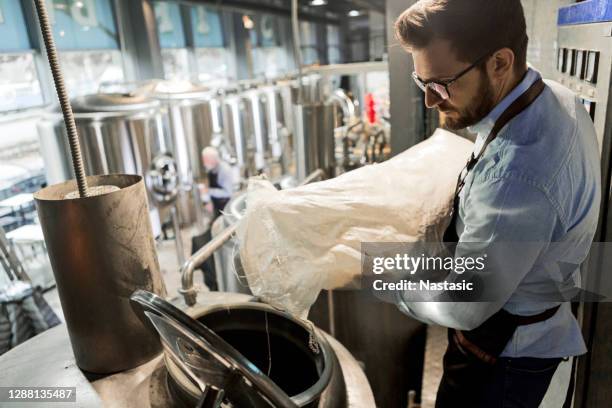 young men is in a craft brewery with a bag of barley - pouring cereal stock pictures, royalty-free photos & images