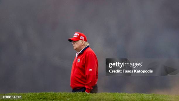 President Donald Trump golfs at Trump National Golf Club on November 27, 2020 in Sterling, Virginia. President Trump heads to Camp David for the...