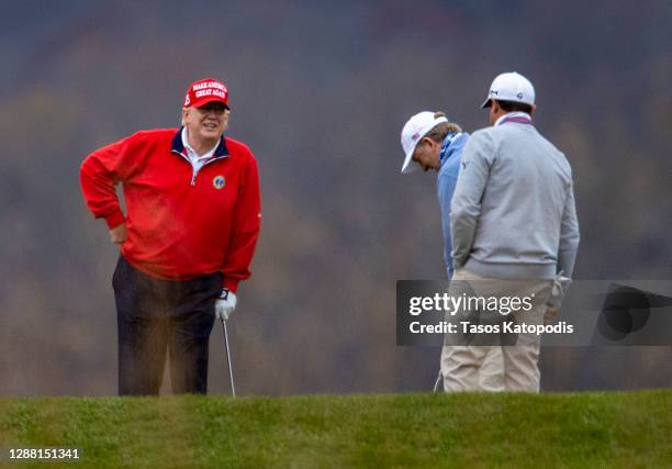 President Donald Trump golfs at Trump National Golf Club on November 27, 2020 in Sterling, Virginia. President Trump heads to Camp David for the...