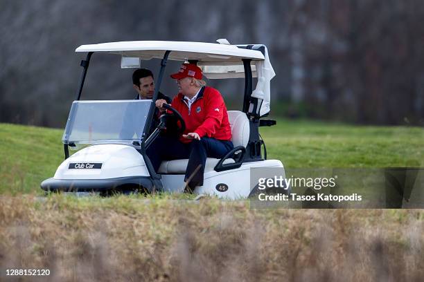 President Donald Trump heads to Marine One after golfing at Trump National Golf Club on November 27, 2020 in Sterling, Virginia. President Trump...