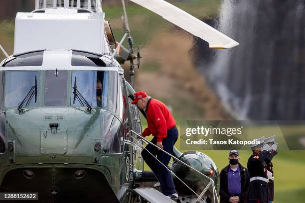 President Donald Trump walks to Marine One at Trump National Golf Club on November 27, 2020 in Sterling, Virginia. President Trump heads to Camp...