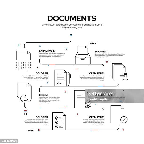 documents related process infographic design, linear style vector illustration, linear style vector illustration - document shredding stock illustrations