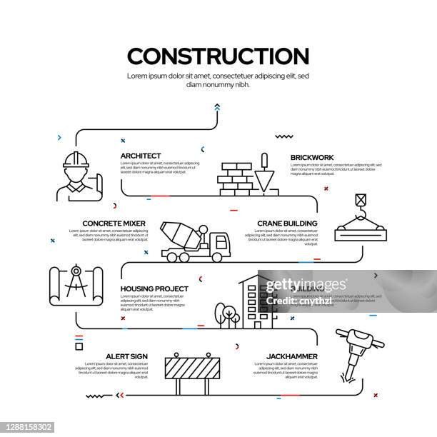 konstruktion und architektur im zusammenhang mit prozess infografik design, linear style vector illustration - building contractor stock-grafiken, -clipart, -cartoons und -symbole